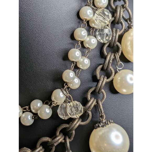 Plunder Antiqued Chain Three Strand Pearl Crystal Chunky Layered Toggle Necklace - Picture 4 of 8